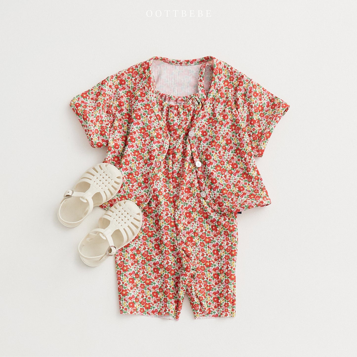 [OB60] Flower Field Pleated Overalls with Cardigan