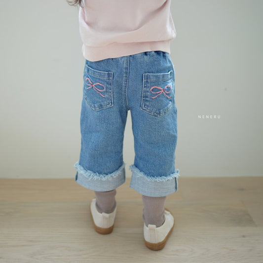 [NENE39] Roll-up Ribbon Denim Spandex Pants